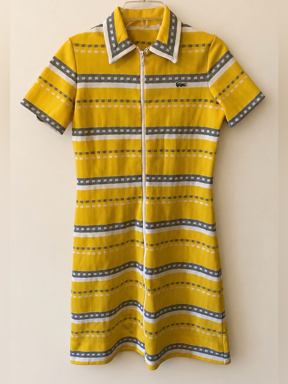 Vintage David Crystal for Lacoste Yellow and Gray Striped Zip-Front Midi Dress